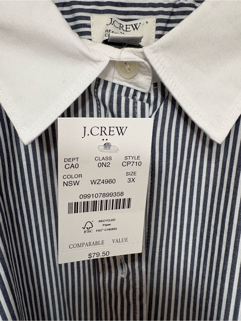 J. Crew NEW Women's Navy Pinstripe Button Shirt White Contrast Collar & Cuffs 3X - Picture 6 of 9